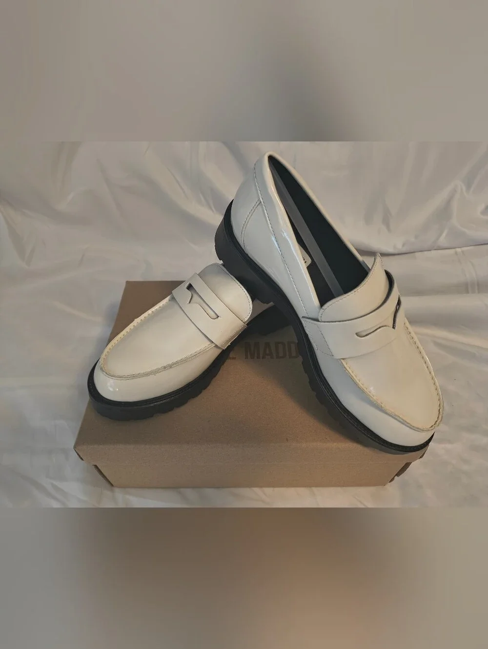 Steve Madden Men’s White Patent Penny Loafers with Black Lug Sole